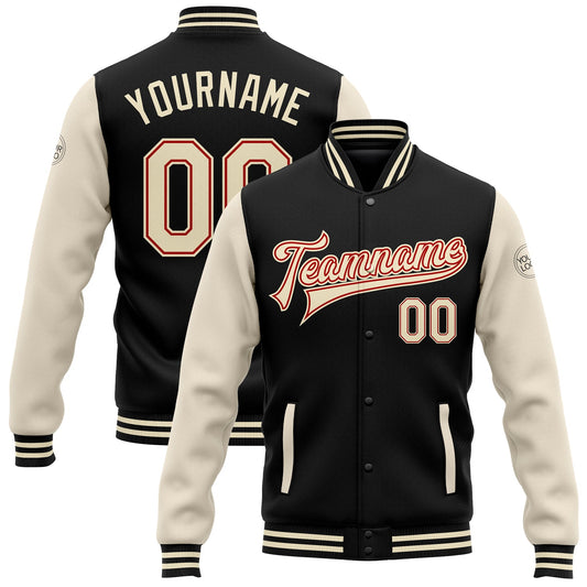 Custom Black Cream-Red Bomber Full-Snap Varsity Letterman Two Tone Jacket - Main View