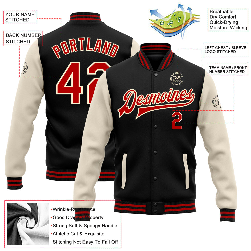 Custom Black Red-Cream Bomber Full-Snap Varsity Letterman Two Tone Jacket view 5