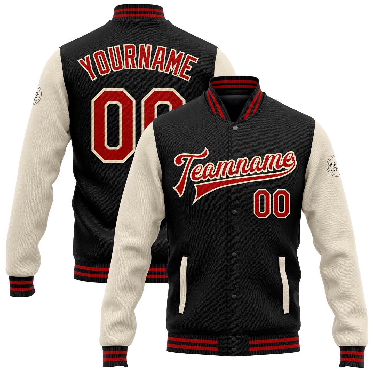 Custom Black Red-Cream Bomber Full-Snap Varsity Letterman Two Tone Jacket - Main View