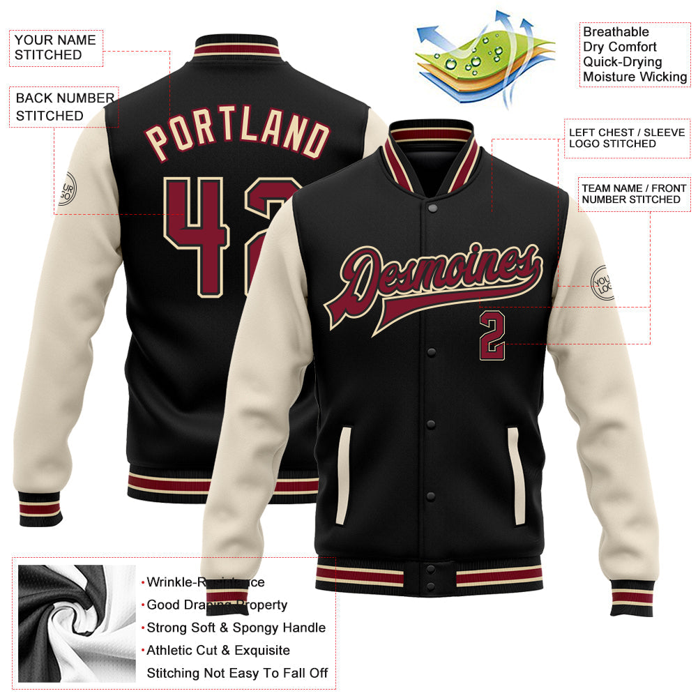 Custom Black Crimson City Cream-Cream Bomber Full-Snap Varsity Letterman Two Tone Jacket view 5
