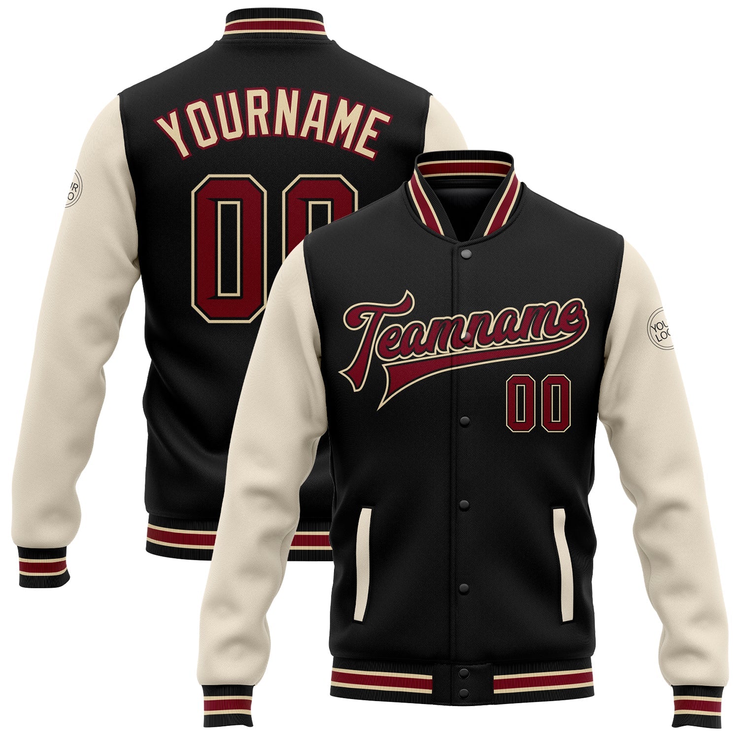 Custom Black Crimson City Cream-Cream Bomber Full-Snap Varsity Letterman Two Tone Jacket - Main View