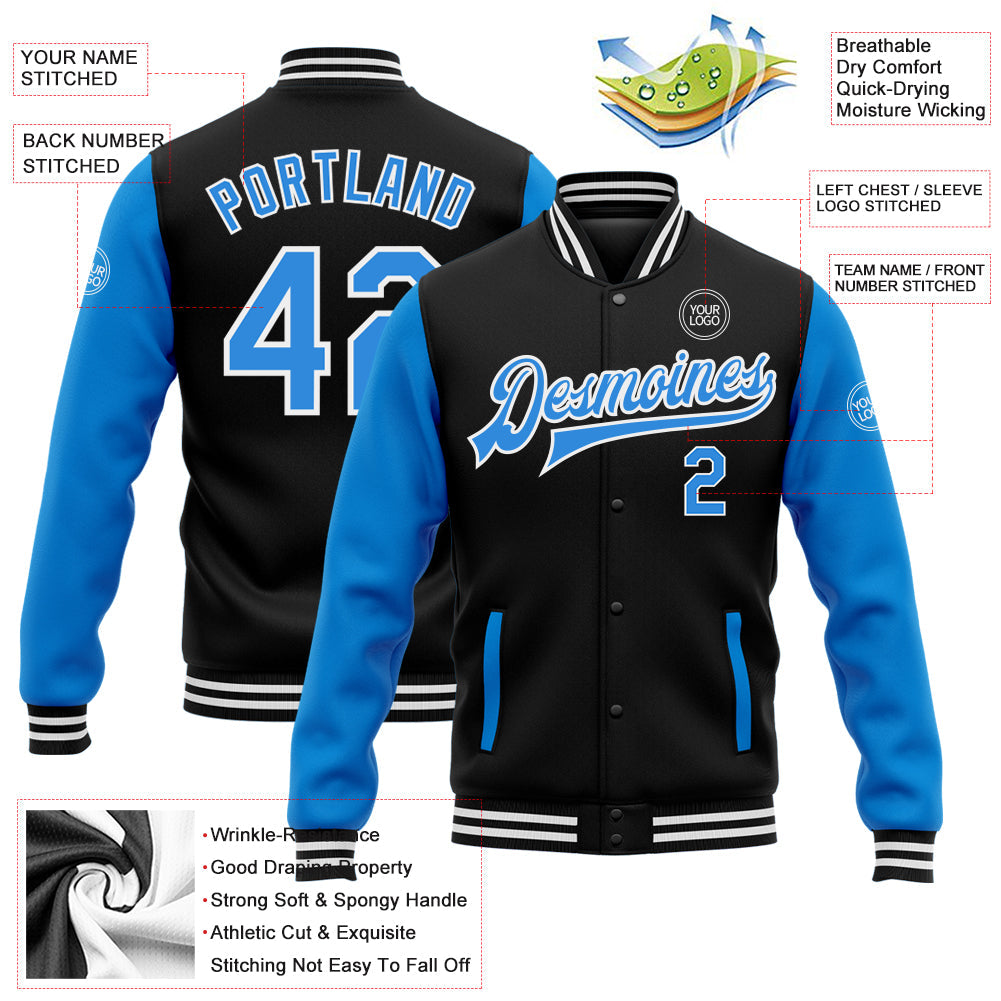 Custom Black Powder Blue-White Bomber Full-Snap Varsity Letterman Two Tone Jacket view 5