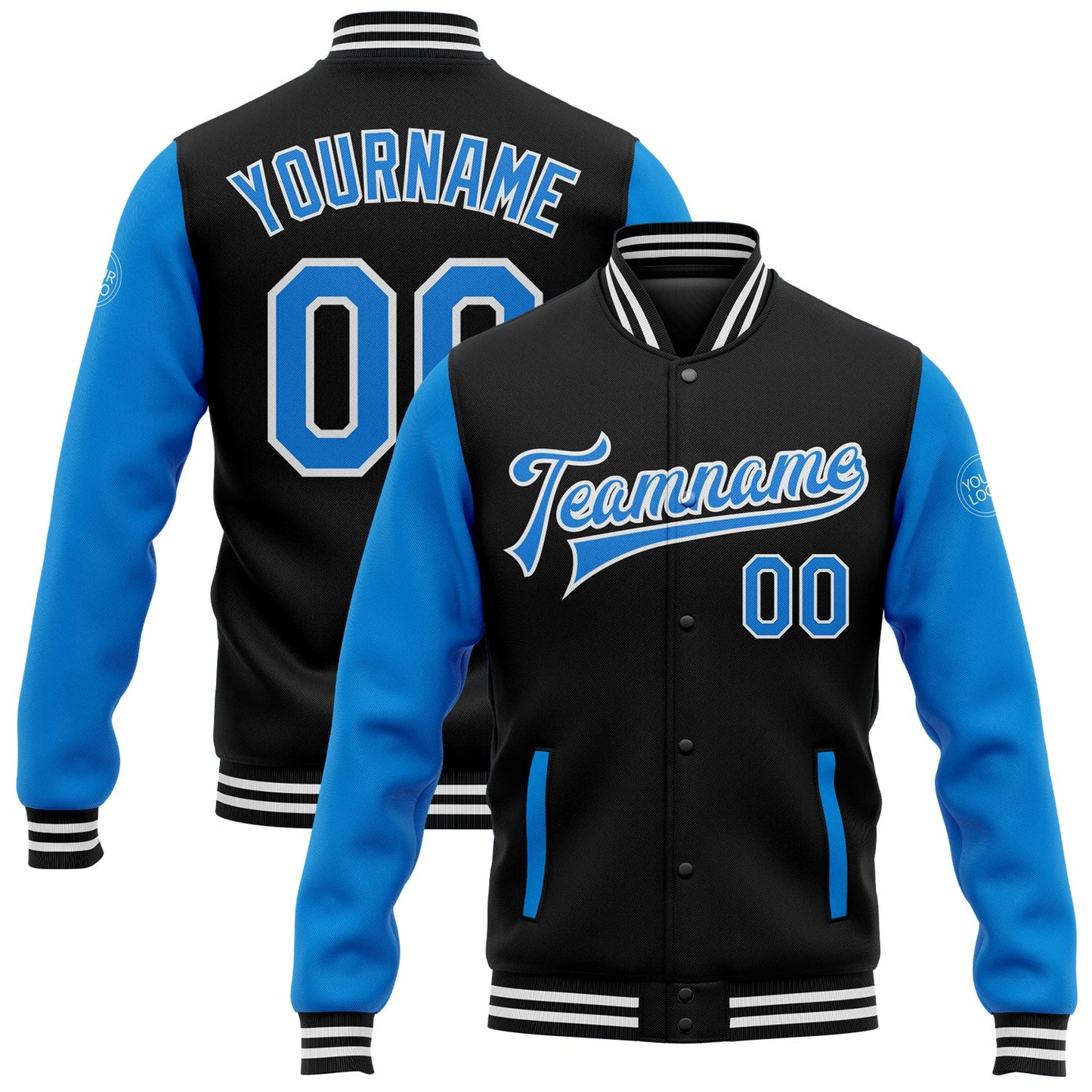 Custom Black Powder Blue-White Bomber Full-Snap Varsity Letterman Two Tone Jacket - Main View