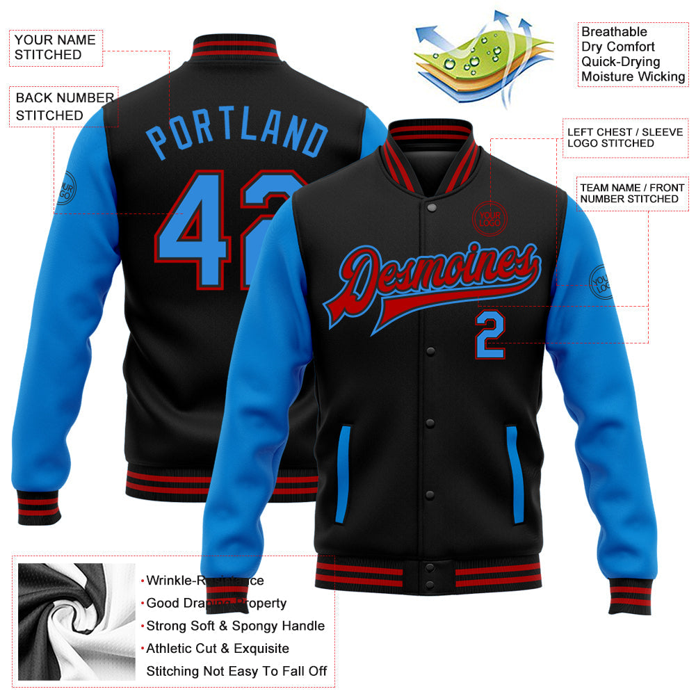 Custom Black Powder Blue-Red Bomber Full-Snap Varsity Letterman Two Tone Jacket view 5