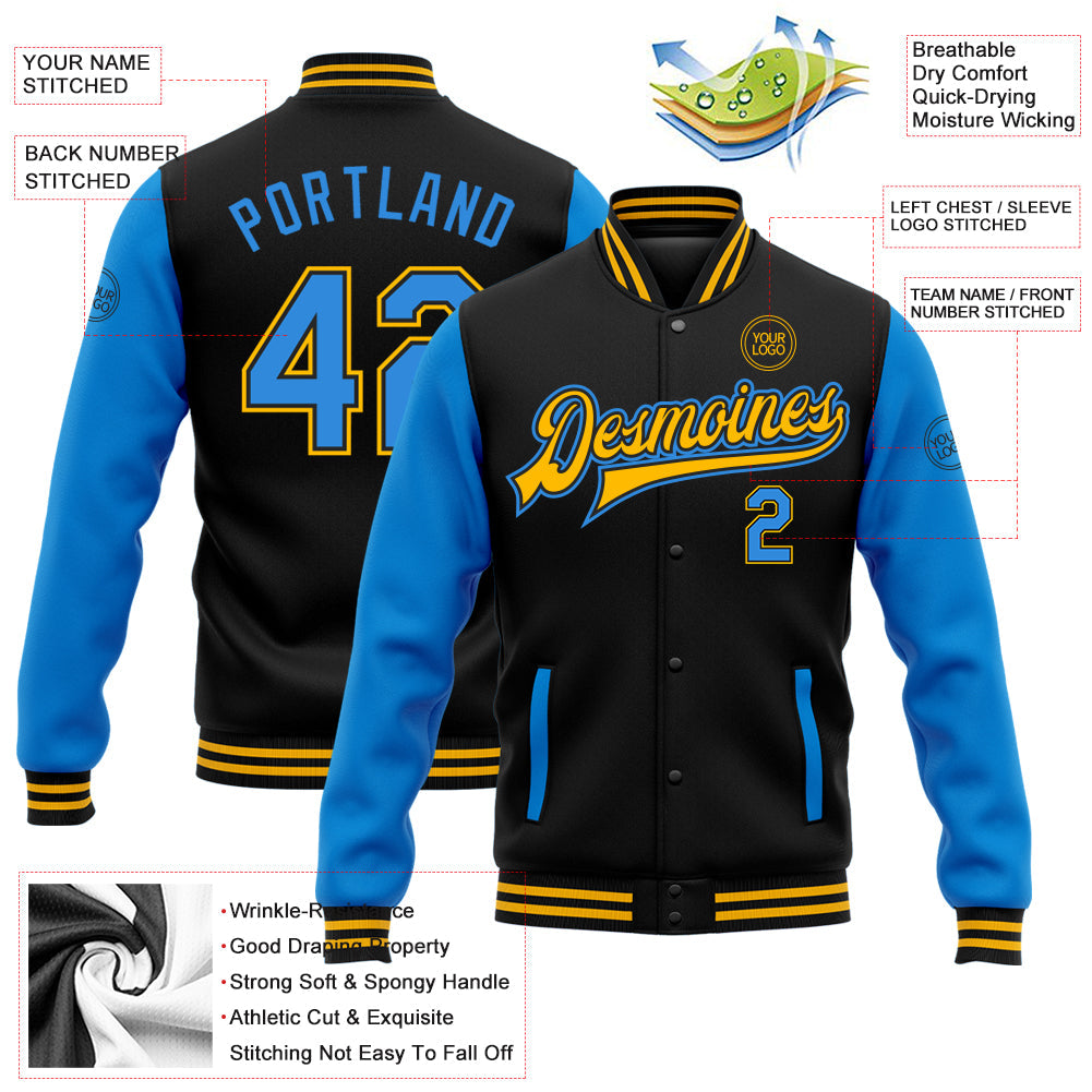 Custom Black Powder Blue-Gold Bomber Full-Snap Varsity Letterman Two Tone Jacket view 5
