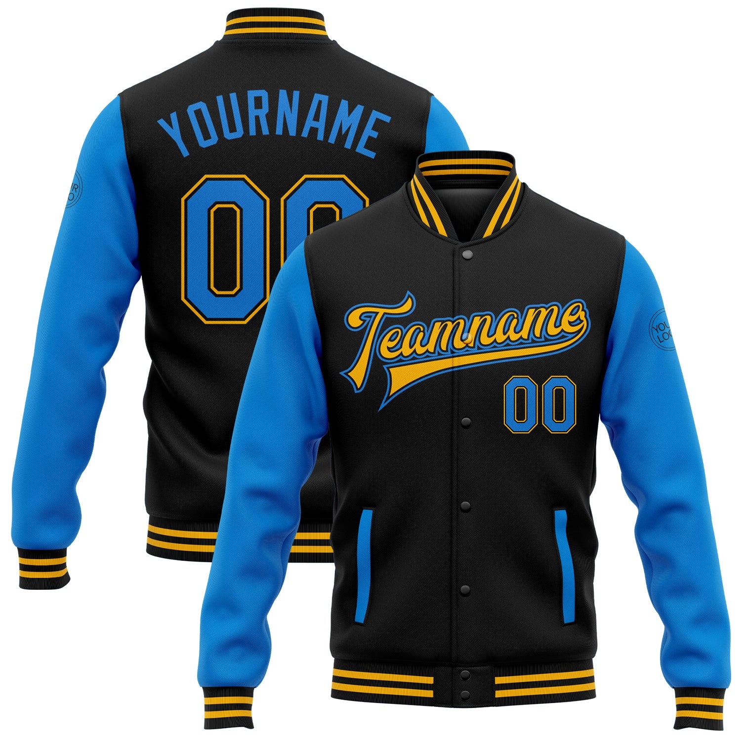 Custom Black Powder Blue-Gold Bomber Full-Snap Varsity Letterman Two Tone Jacket - Main View