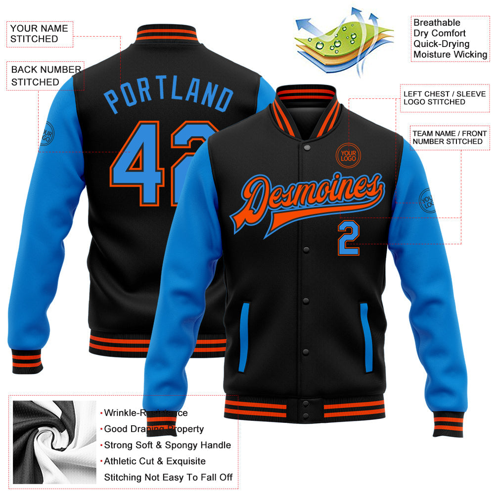 Custom Black Powder Blue-Orange Bomber Full-Snap Varsity Letterman Two Tone Jacket view 5