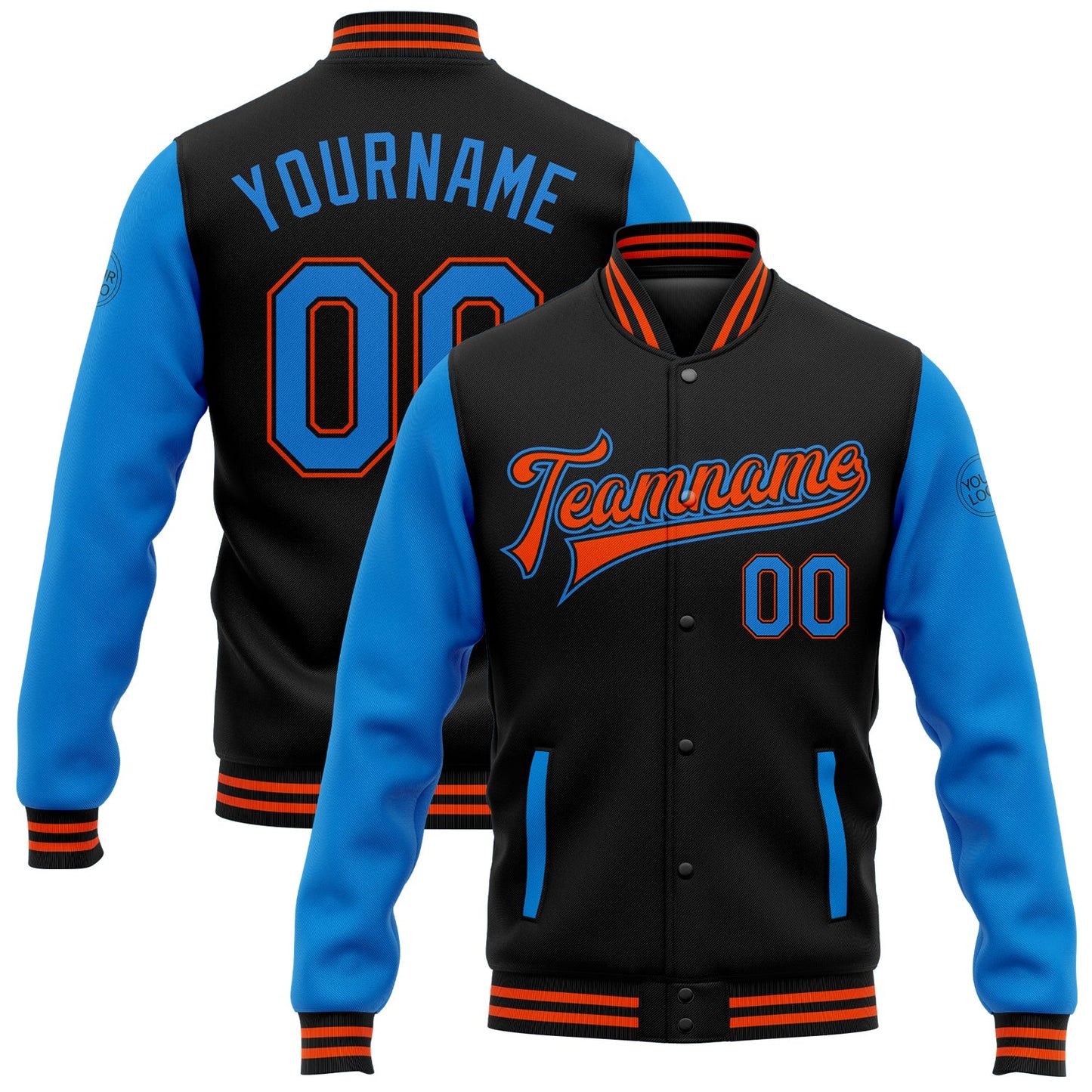 Custom Black Powder Blue-Orange Bomber Full-Snap Varsity Letterman Two Tone Jacket - Main View