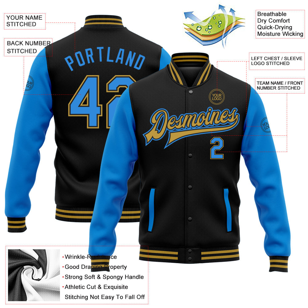 Custom Black Powder Blue-Old Gold Bomber Full-Snap Varsity Letterman Two Tone Jacket view 5