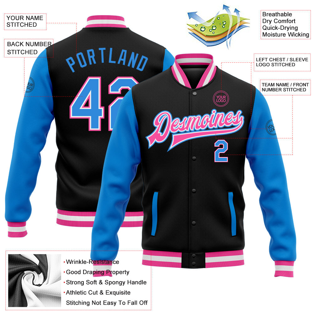 Custom Black Powder Blue-Pink Bomber Full-Snap Varsity Letterman Two Tone Jacket view 5