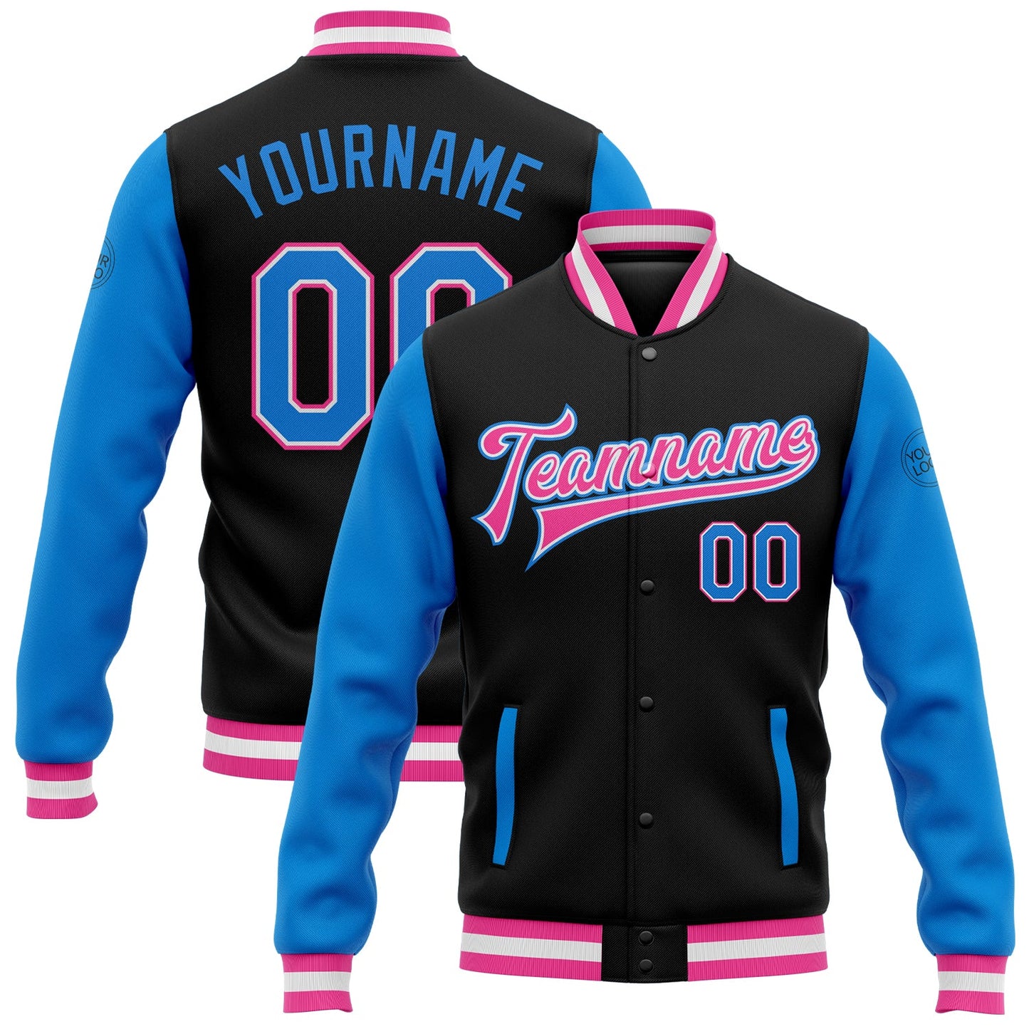 Custom Black Powder Blue-Pink Bomber Full-Snap Varsity Letterman Two Tone Jacket - Main View