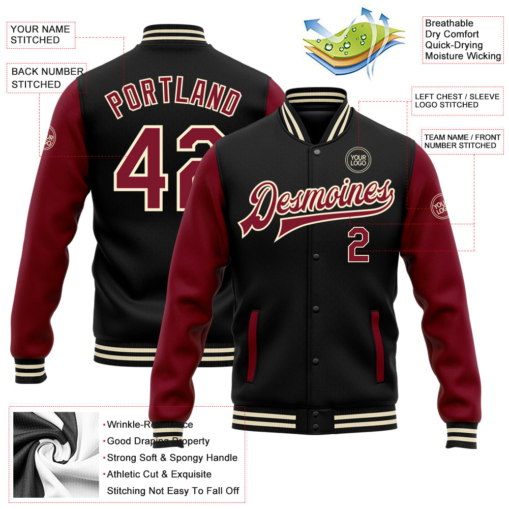 Custom Black Crimson-Cream Bomber Full-Snap Varsity Letterman Two Tone Jacket view 5
