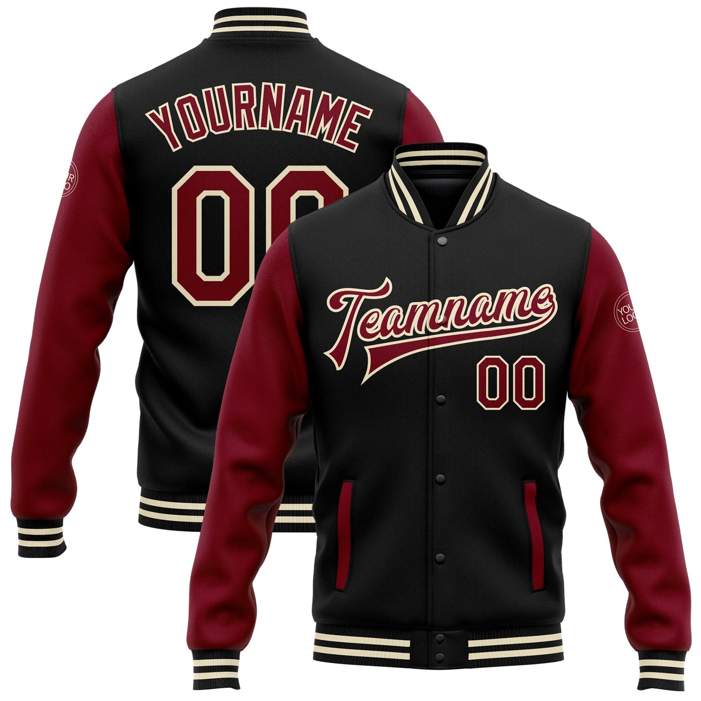 Custom Black Crimson-Cream Bomber Full-Snap Varsity Letterman Two Tone Jacket - Main View