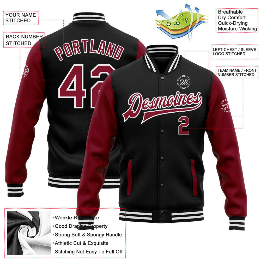 Custom Black Crimson-White Bomber Full-Snap Varsity Letterman Two Tone Jacket view 5