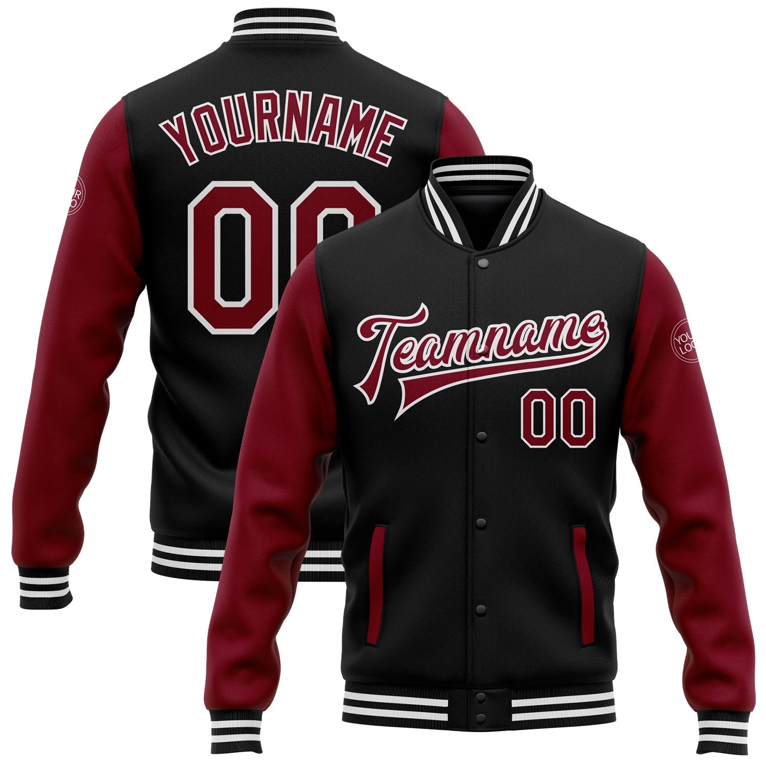 Custom Black Crimson-White Bomber Full-Snap Varsity Letterman Two Tone Jacket - Main View