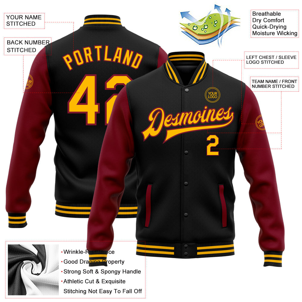 Custom Black Gold-Crimson Bomber Full-Snap Varsity Letterman Two Tone Jacket view 5