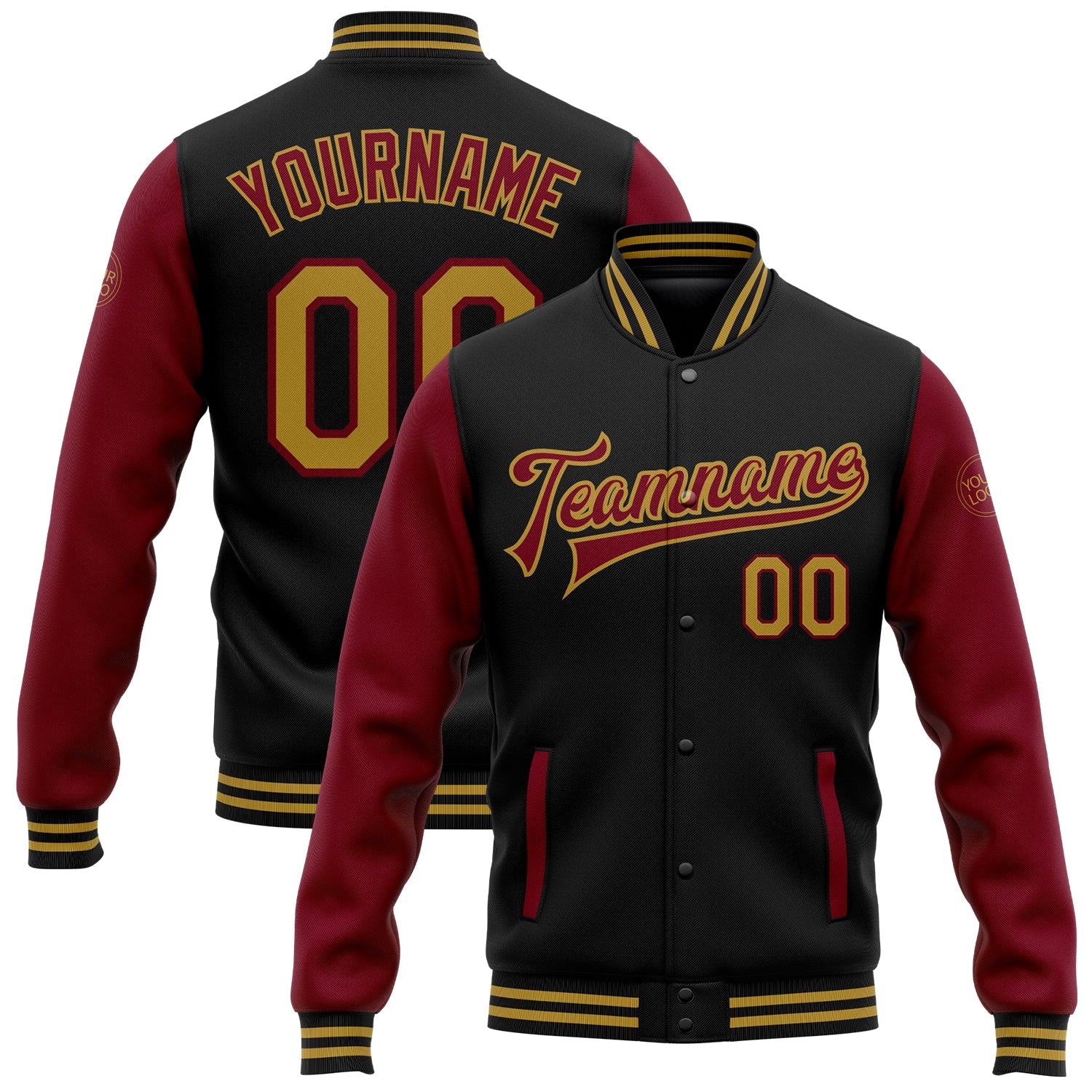 Custom Black Old Gold-Crimson Bomber Full-Snap Varsity Letterman Two Tone Jacket - Main View
