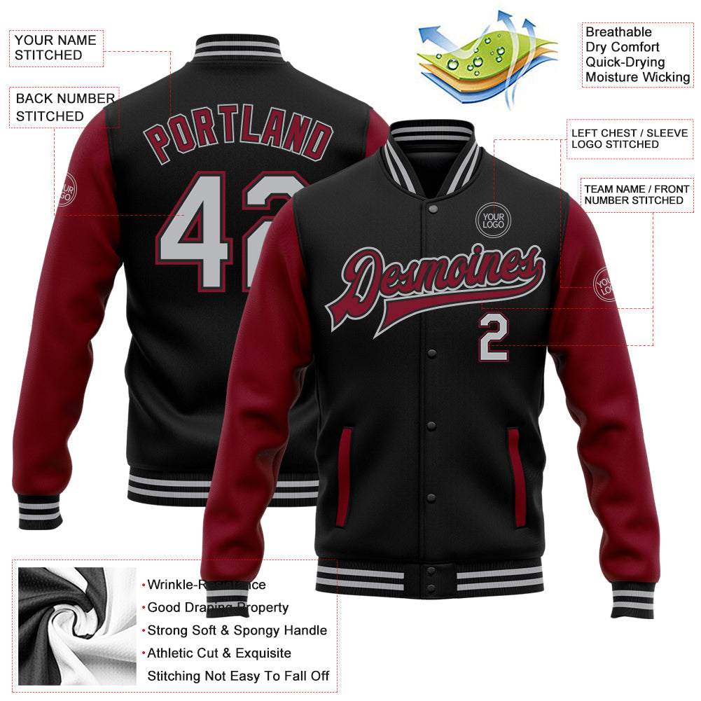 Custom Black Gray-Crimson Bomber Full-Snap Varsity Letterman Two Tone Jacket view 5