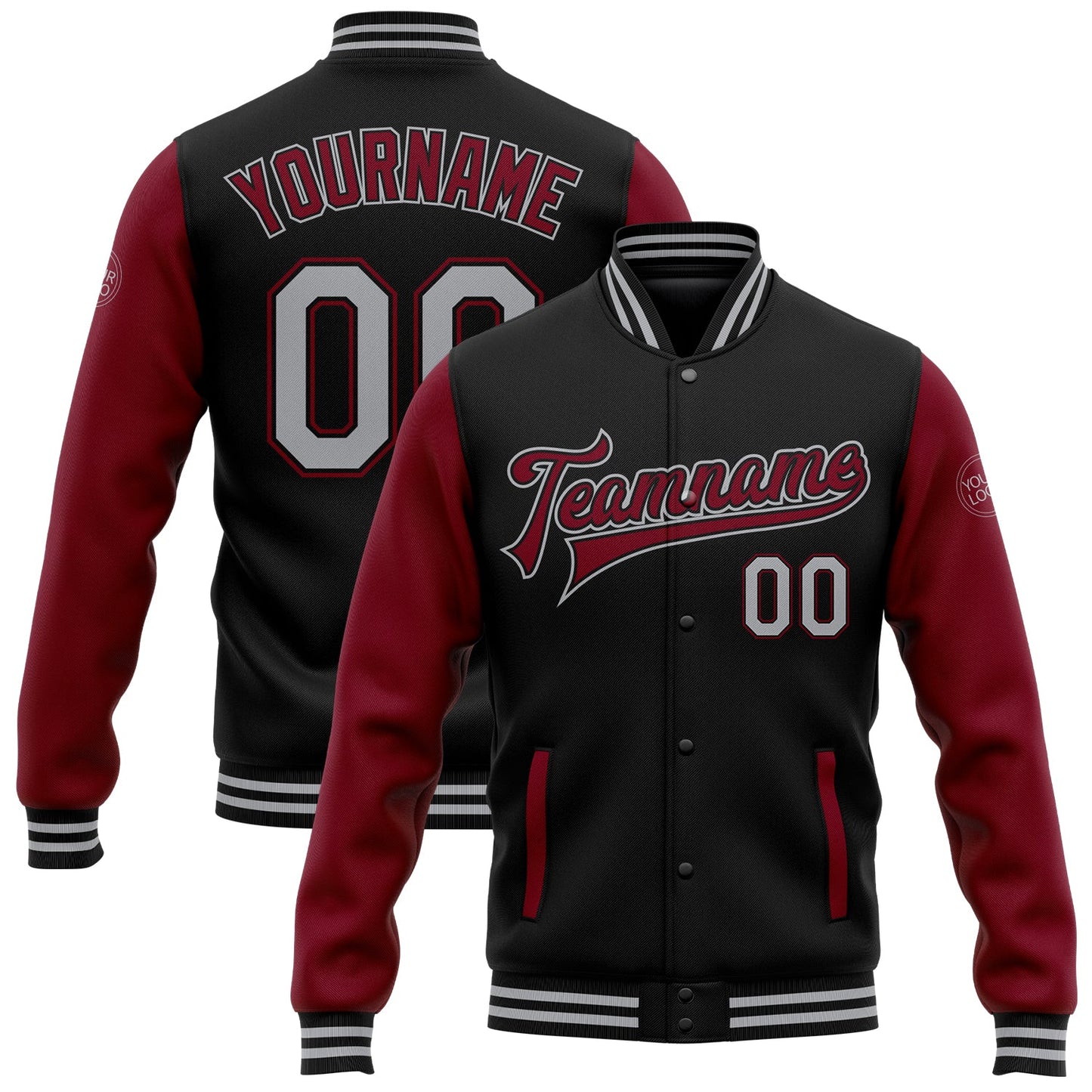 Custom Black Gray-Crimson Bomber Full-Snap Varsity Letterman Two Tone Jacket - Main View