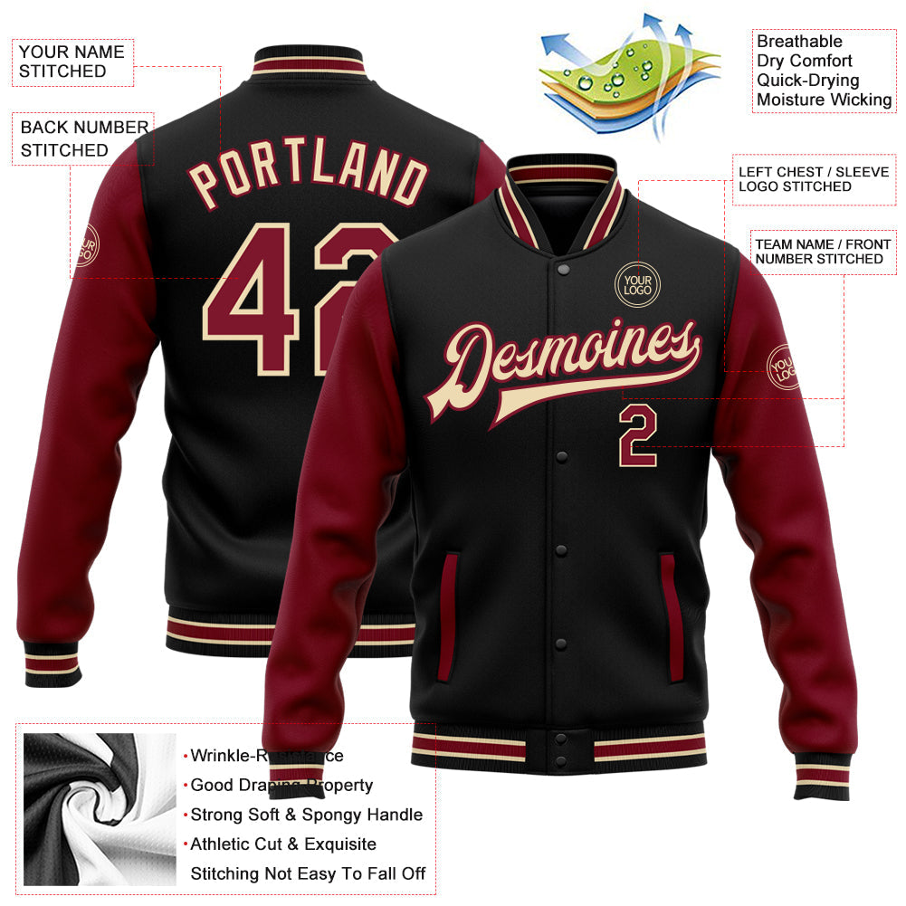 Custom Black Crimson-City Cream Bomber Full-Snap Varsity Letterman Two Tone Jacket view 5