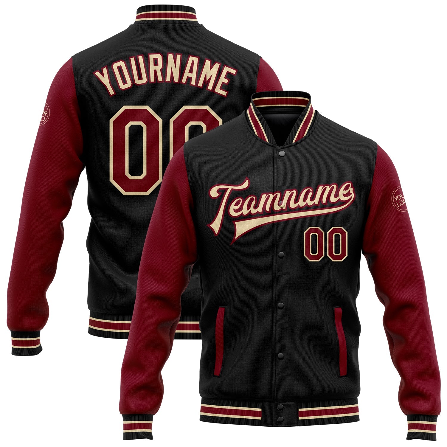 Custom Black Crimson-City Cream Bomber Full-Snap Varsity Letterman Two Tone Jacket - Main View