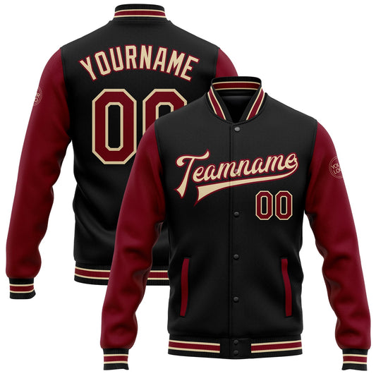 Custom Black Crimson-City Cream Bomber Full-Snap Varsity Letterman Two Tone Jacket - Main View