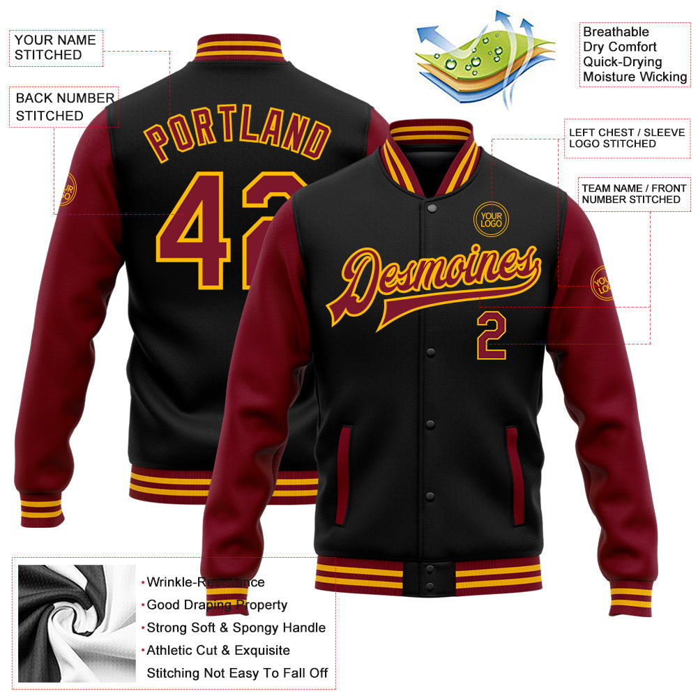 Custom Black Crimson-Gold Bomber Full-Snap Varsity Letterman Two Tone Jacket view 5