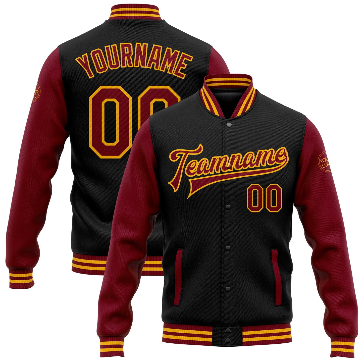 Custom Black Crimson-Gold Bomber Full-Snap Varsity Letterman Two Tone Jacket - Main View