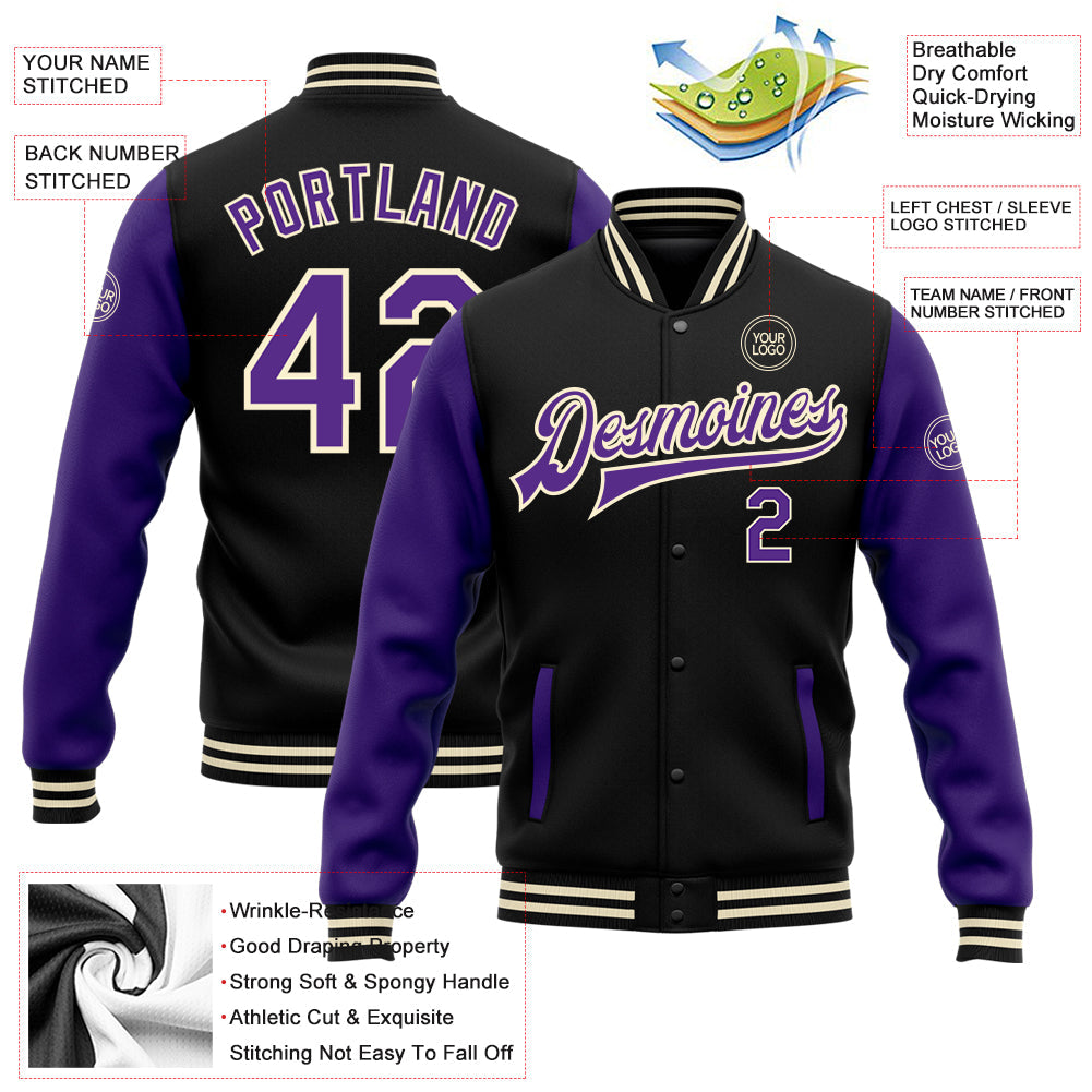 Custom Black Purple-Cream Bomber Full-Snap Varsity Letterman Two Tone Jacket view 5