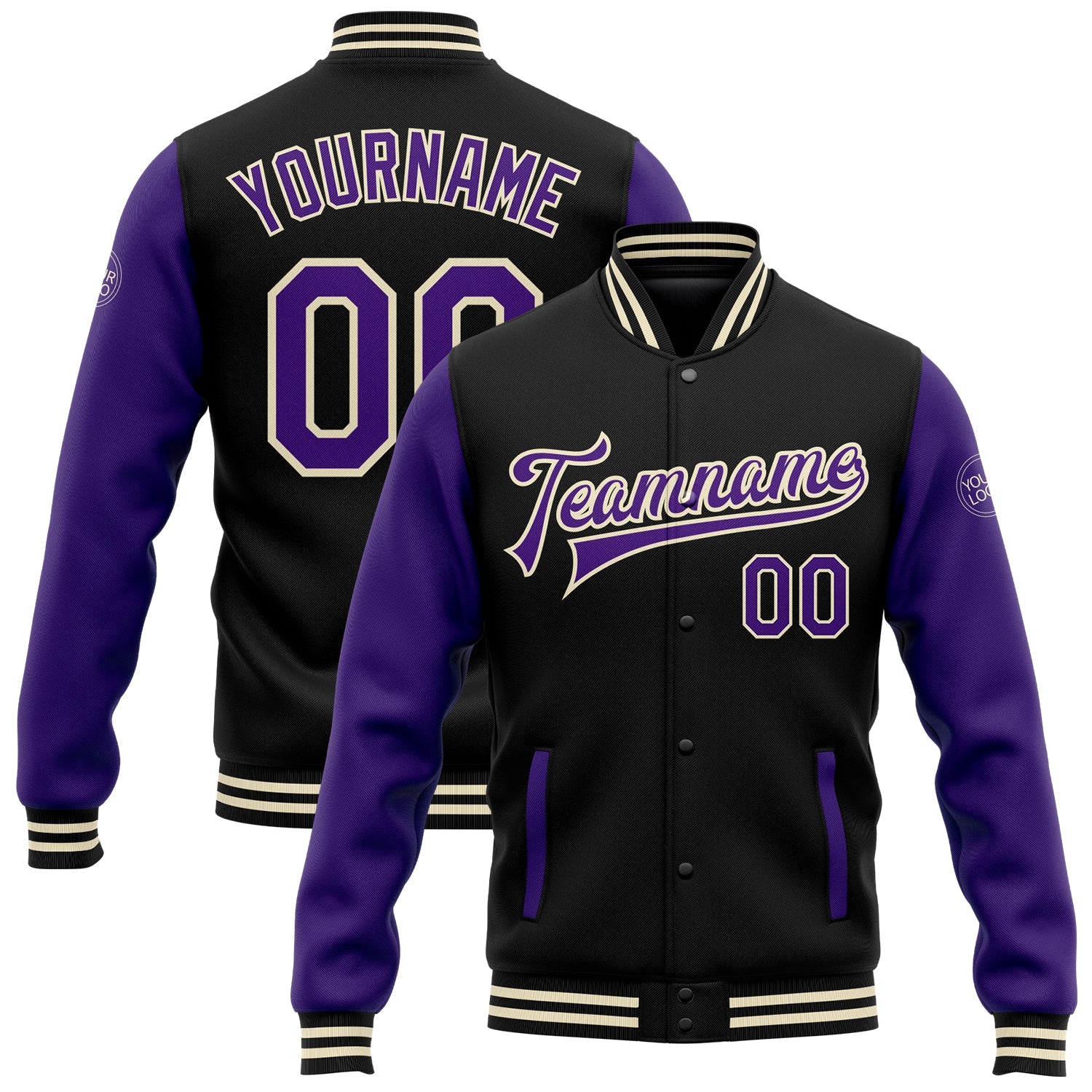 Custom Black Purple-Cream Bomber Full-Snap Varsity Letterman Two Tone Jacket - Main View