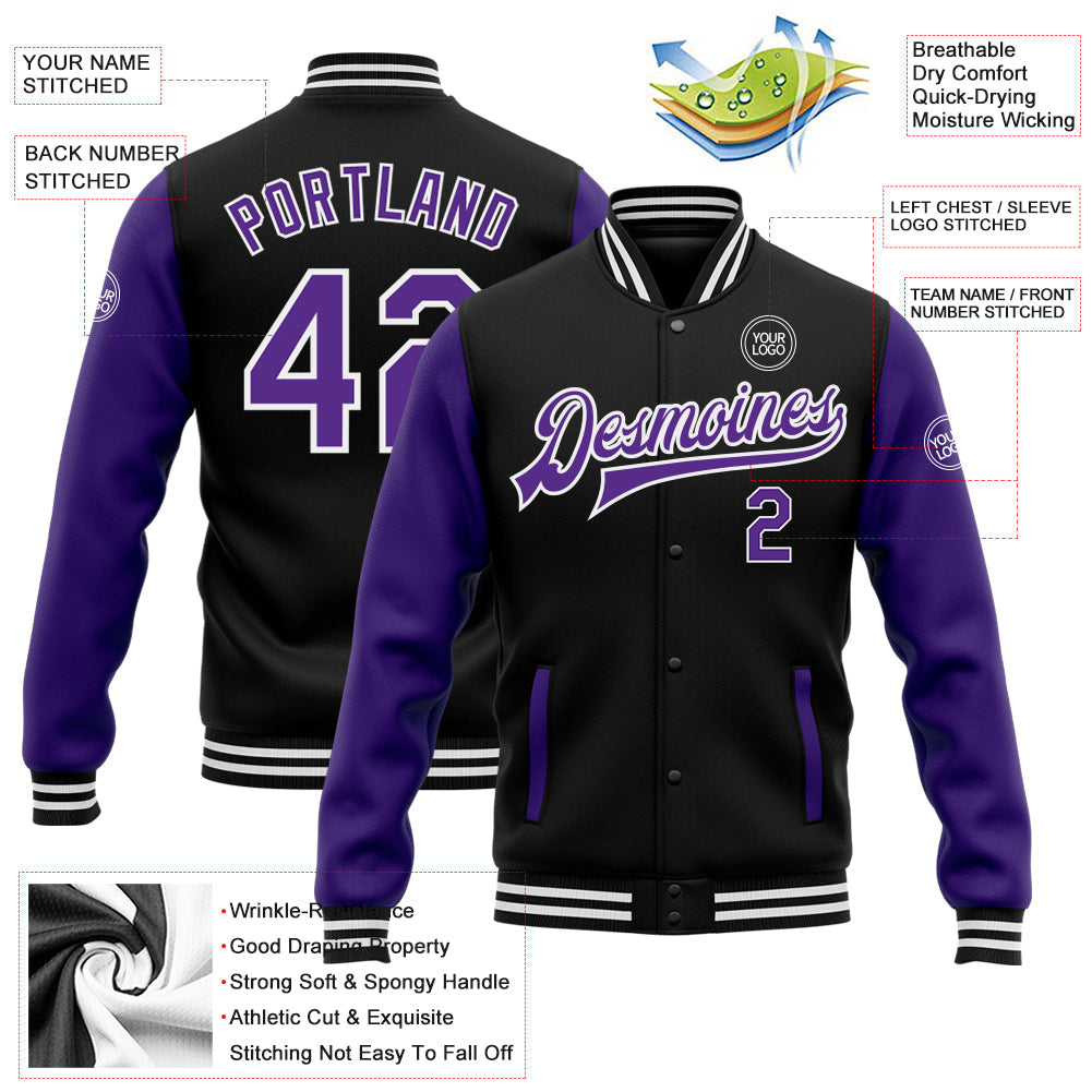 Custom Black Purple-White Bomber Full-Snap Varsity Letterman Two Tone Jacket view 5