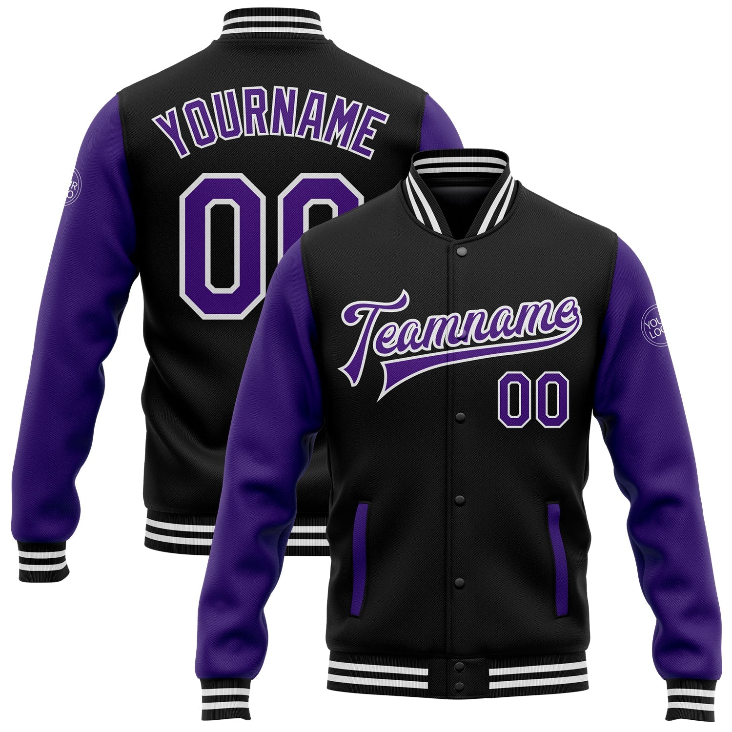 Custom Black Purple-White Bomber Full-Snap Varsity Letterman Two Tone Jacket - Main View