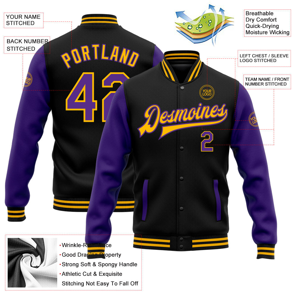Custom Black Purple-Gold Bomber Full-Snap Varsity Letterman Two Tone Jacket view 5