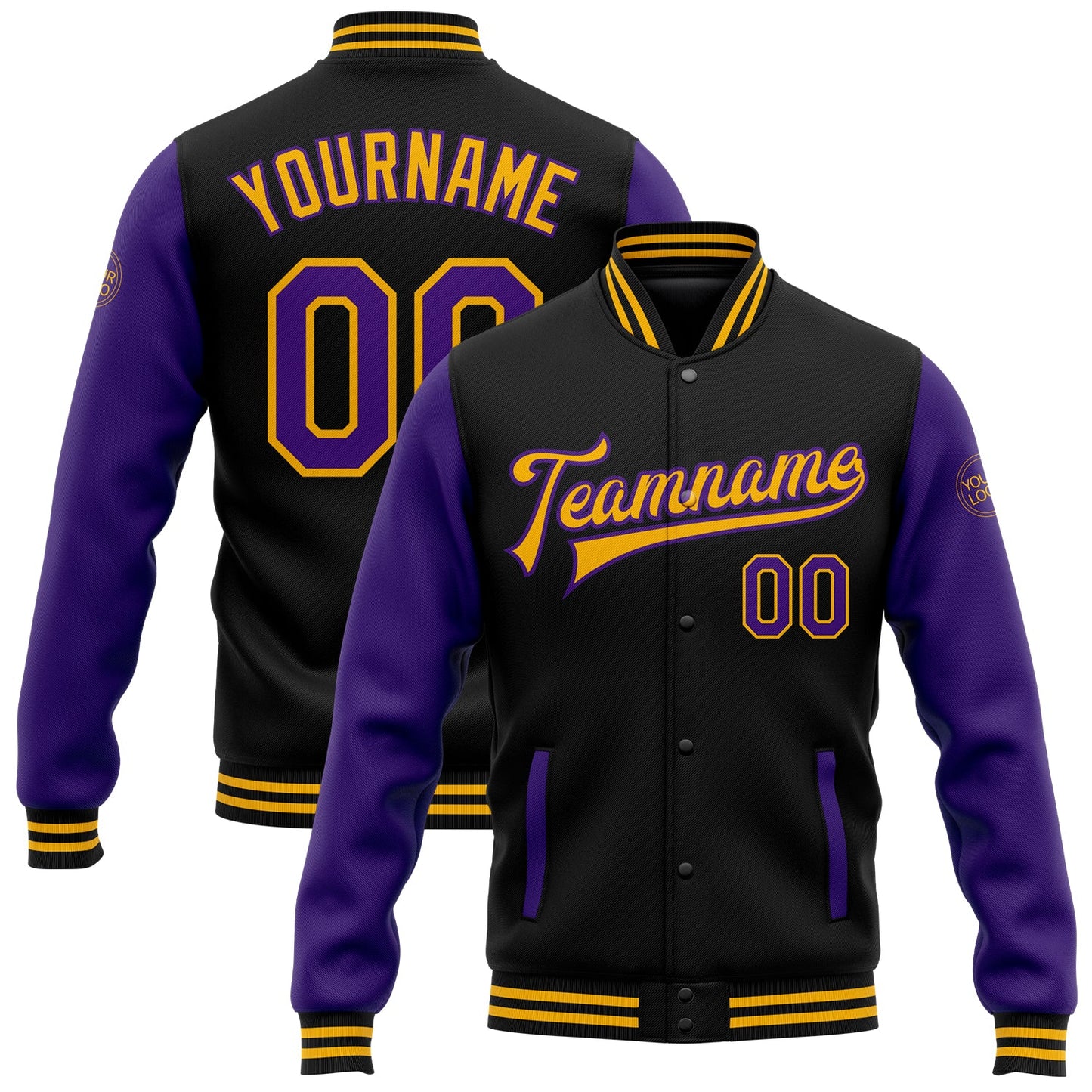 Custom Black Purple-Gold Bomber Full-Snap Varsity Letterman Two Tone Jacket - Main View