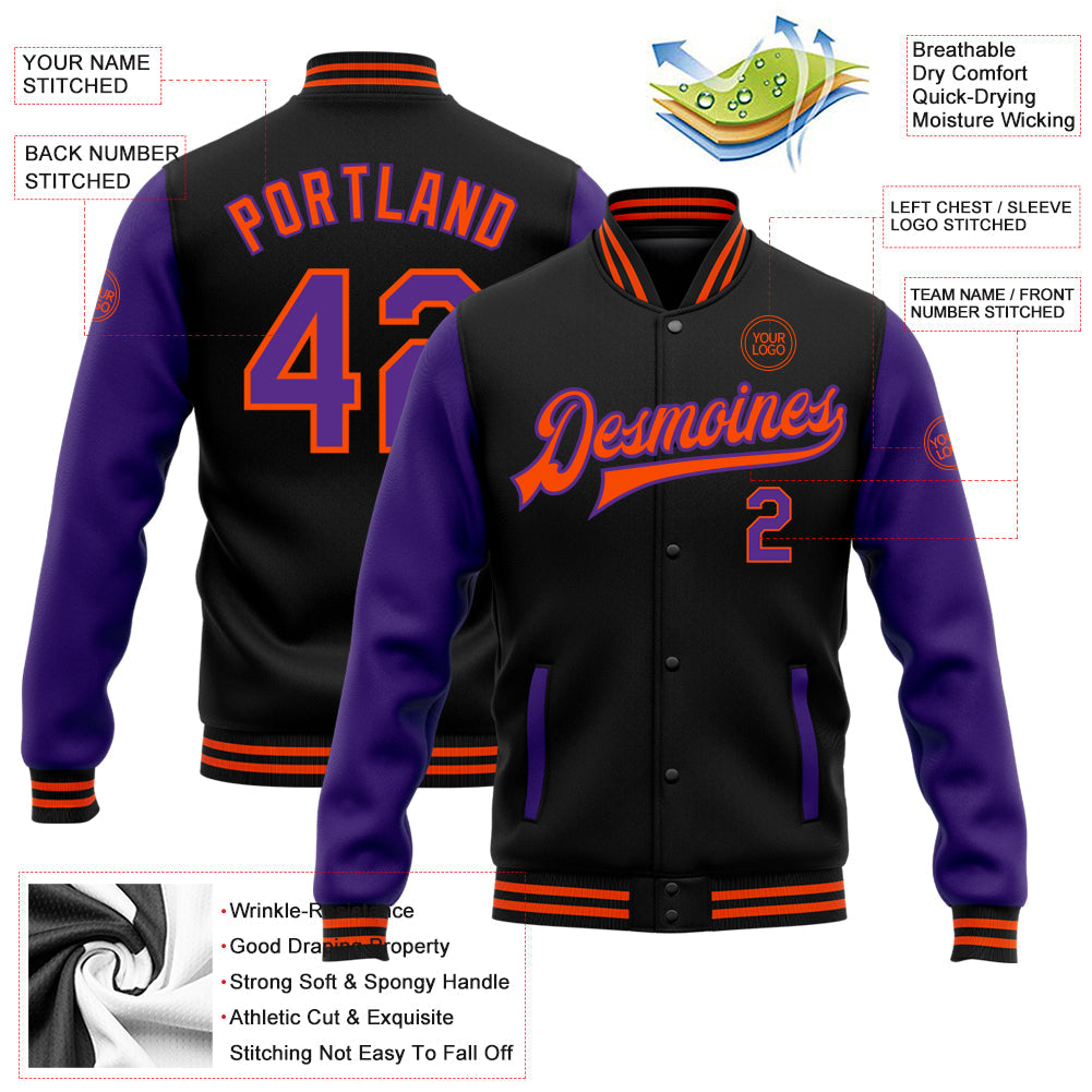 Custom Black Purple-Orange Bomber Full-Snap Varsity Letterman Two Tone Jacket view 5