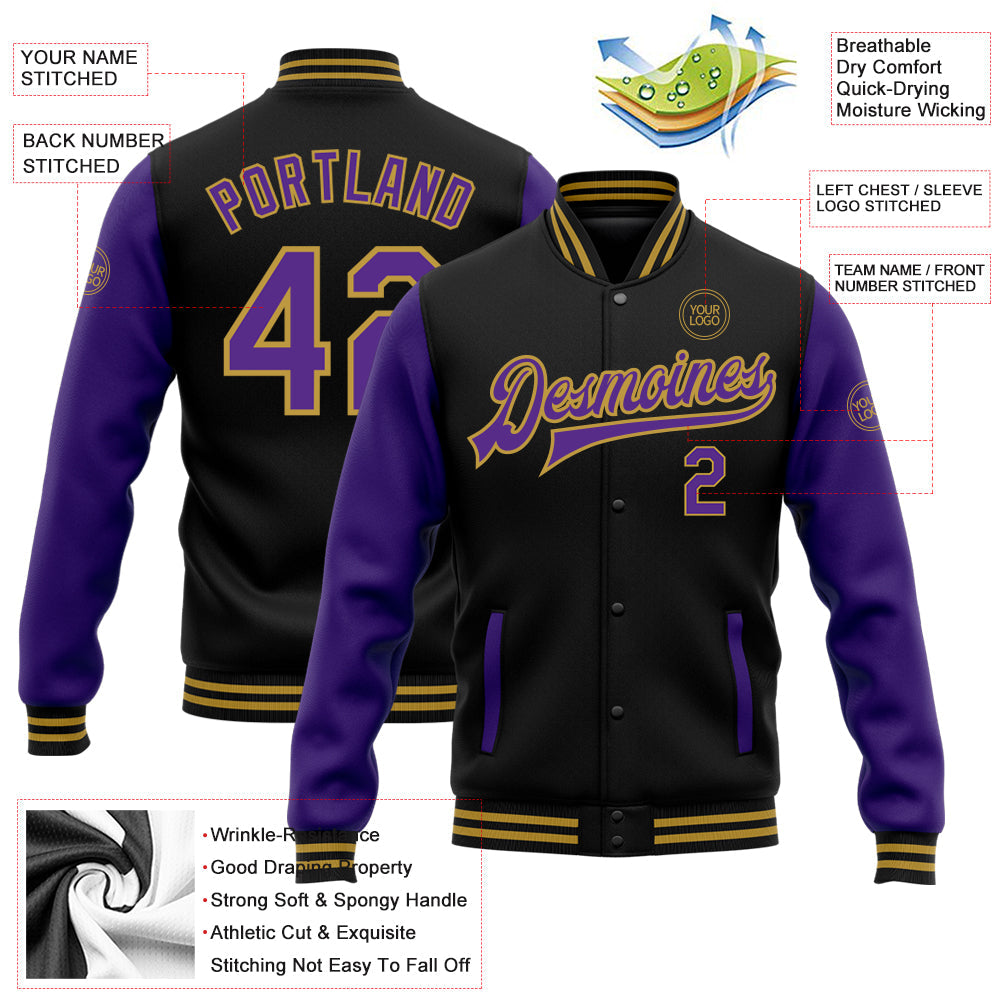 Custom Black Purple-Old Gold Bomber Full-Snap Varsity Letterman Two Tone Jacket view 5