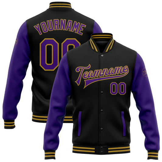 Custom Black Purple-Old Gold Bomber Full-Snap Varsity Letterman Two Tone Jacket - Main View