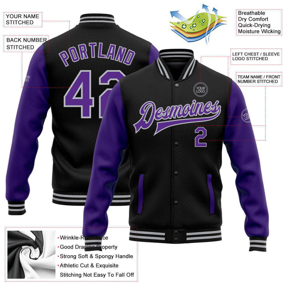 Custom Black Purple-Gray Bomber Full-Snap Varsity Letterman Two Tone Jacket view 5