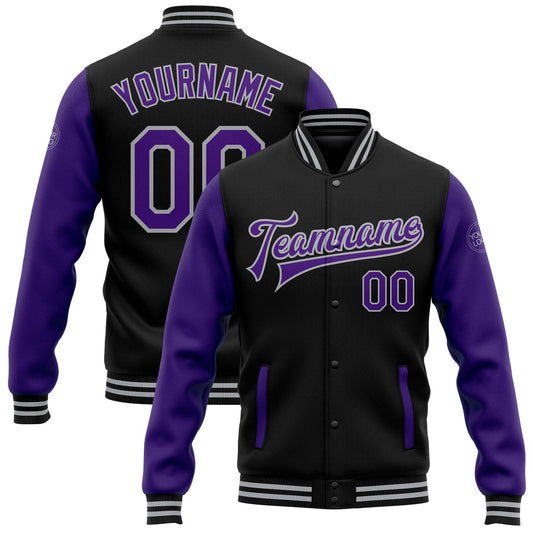 Custom Black Purple-Gray Bomber Full-Snap Varsity Letterman Two Tone Jacket - Main View