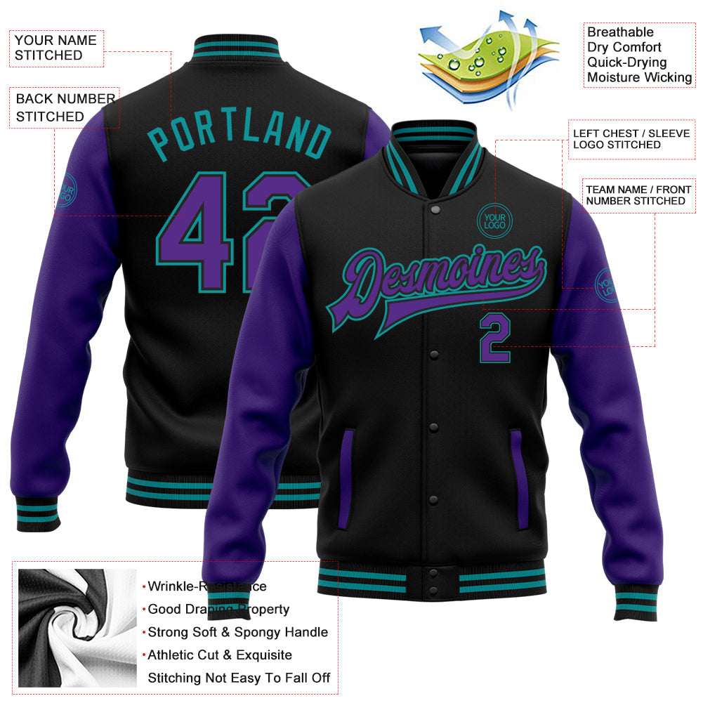 Custom Black Purple-Teal Bomber Full-Snap Varsity Letterman Two Tone Jacket view 5