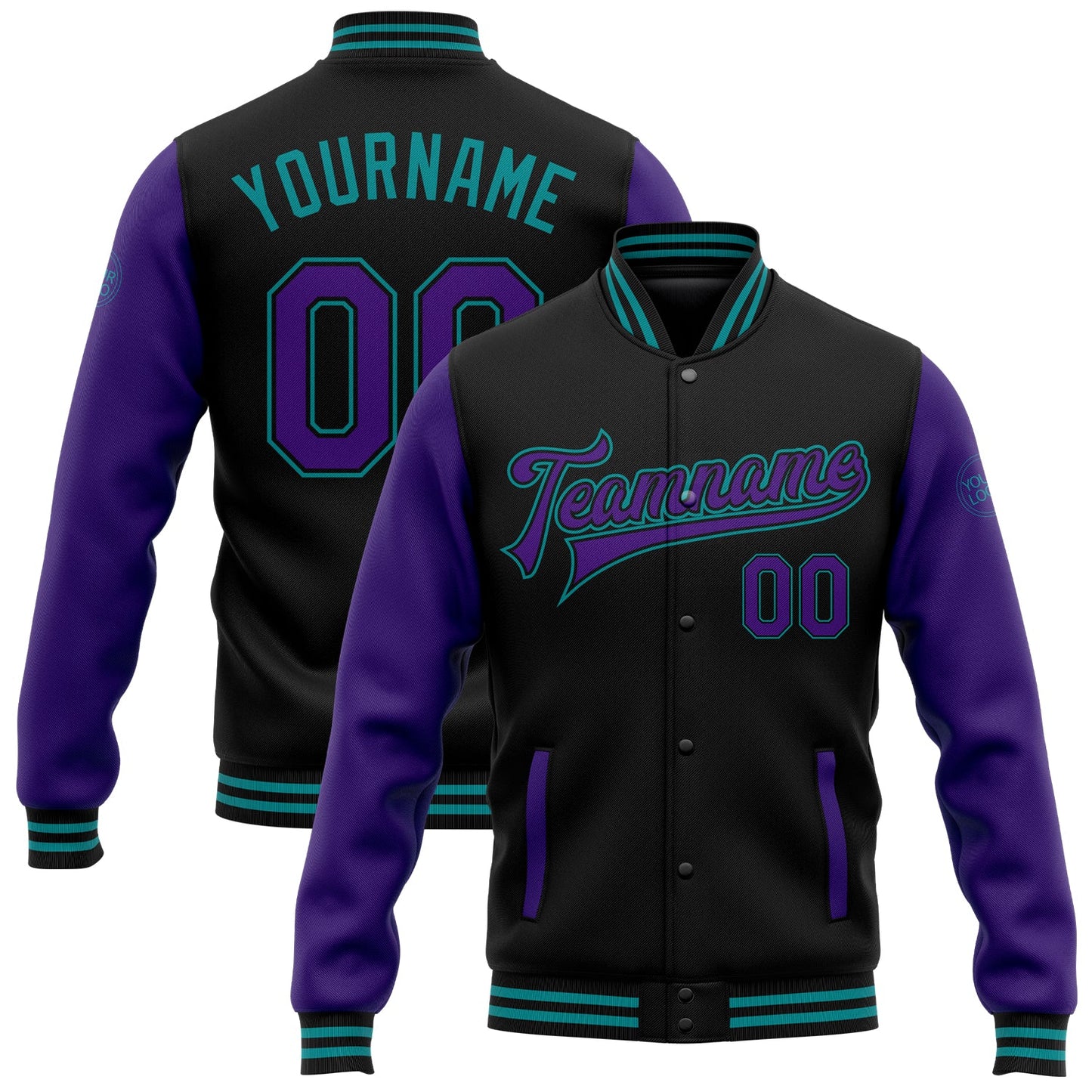 Custom Black Purple-Teal Bomber Full-Snap Varsity Letterman Two Tone Jacket - Main View