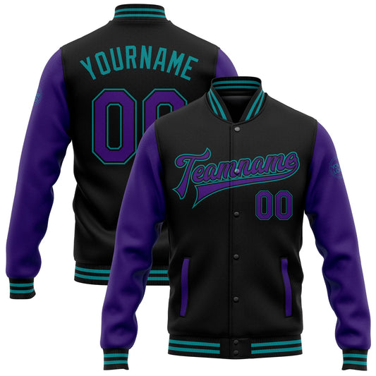 Custom Black Purple-Teal Bomber Full-Snap Varsity Letterman Two Tone Jacket - Main View