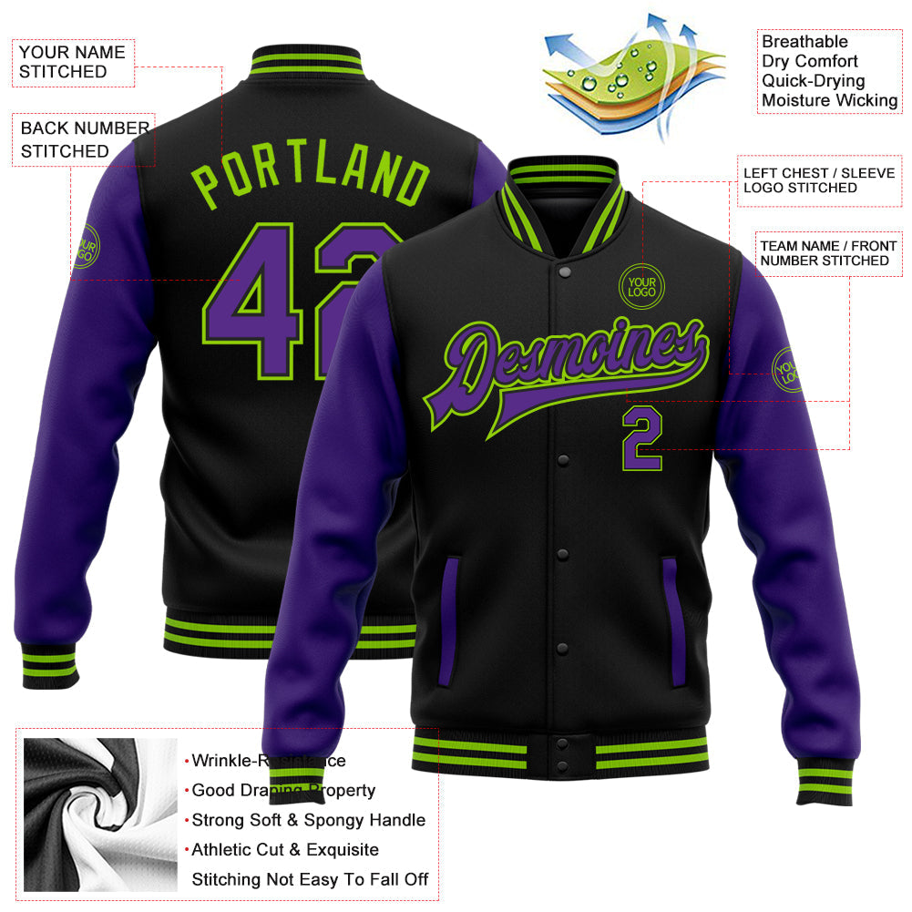 Custom Black Purple-Neon Green Bomber Full-Snap Varsity Letterman Two Tone Jacket view 5