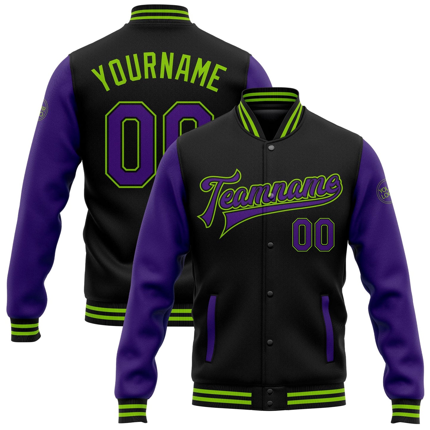 Custom Black Purple-Neon Green Bomber Full-Snap Varsity Letterman Two Tone Jacket - Main View