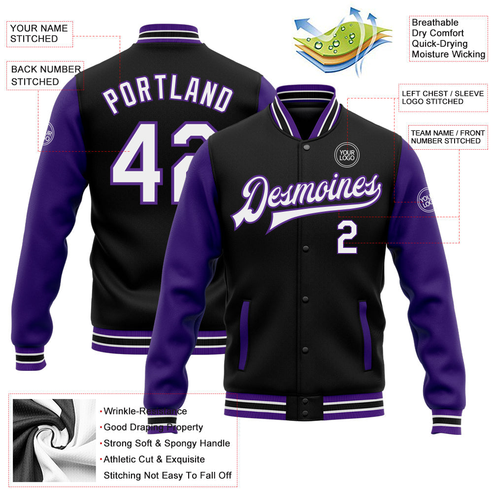 Custom Black White-Purple Bomber Full-Snap Varsity Letterman Two Tone Jacket view 5