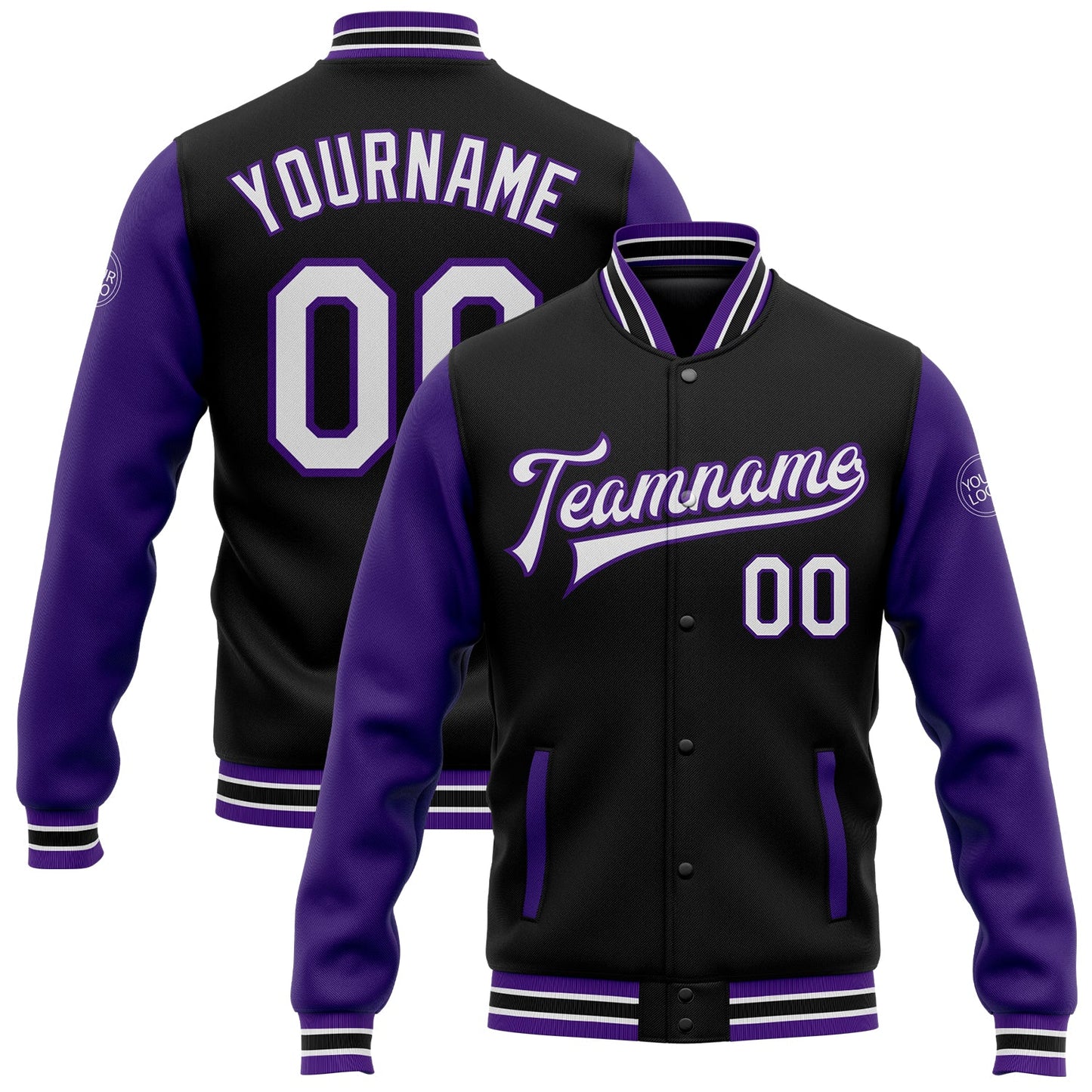 Custom Black White-Purple Bomber Full-Snap Varsity Letterman Two Tone Jacket - Main View