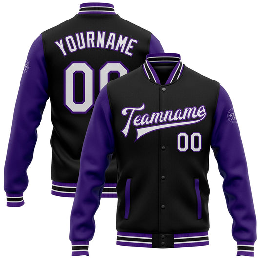 Custom Black White-Purple Bomber Full-Snap Varsity Letterman Two Tone Jacket - Main View
