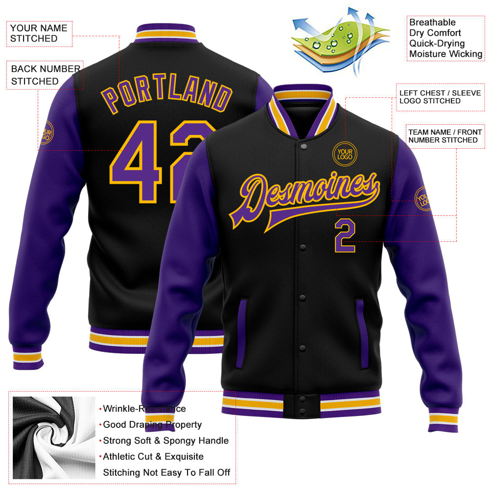 Custom Black Purple-Gold Bomber Full-Snap Varsity Letterman Two Tone Jacket view 5