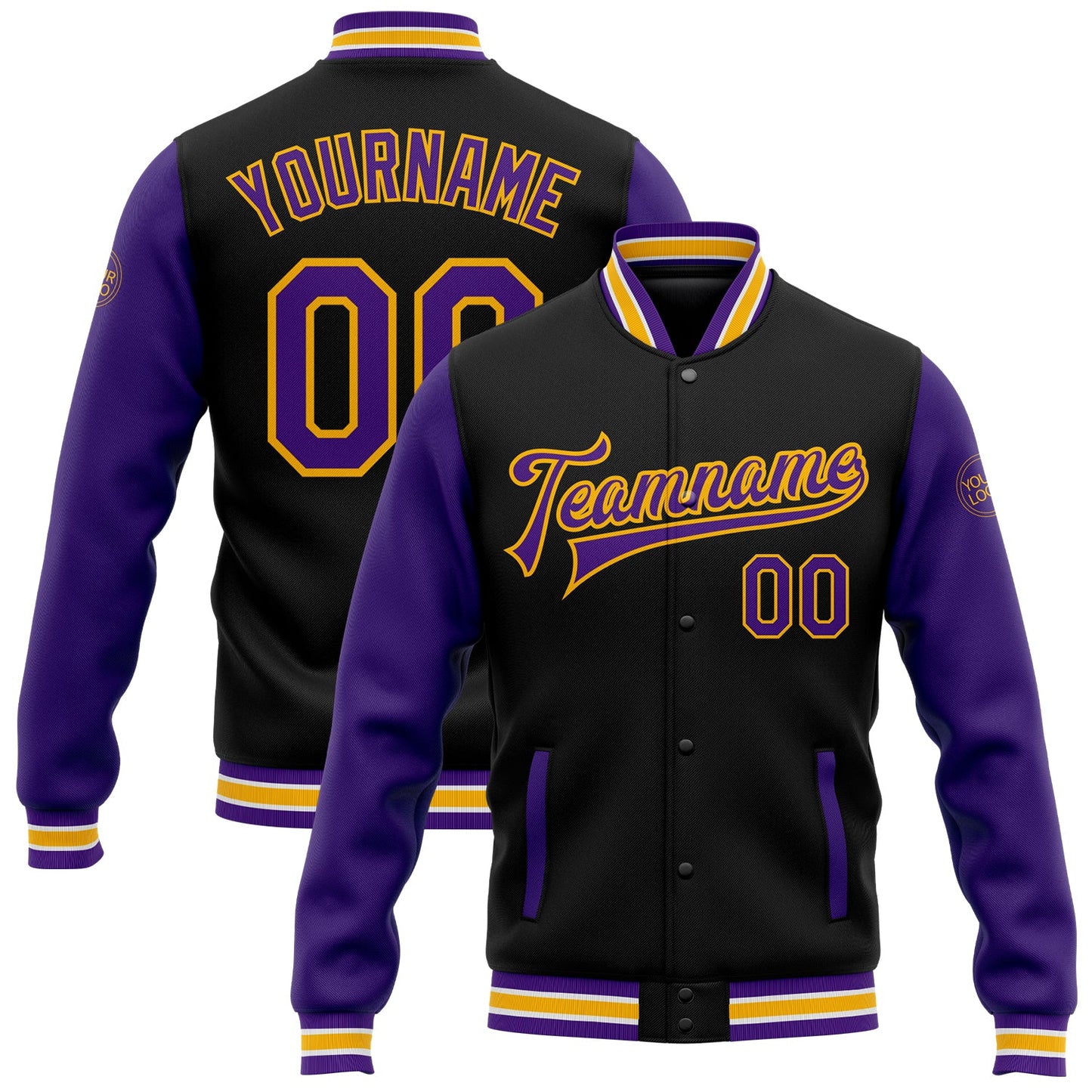Custom Black Purple-Gold Bomber Full-Snap Varsity Letterman Two Tone Jacket - Main View