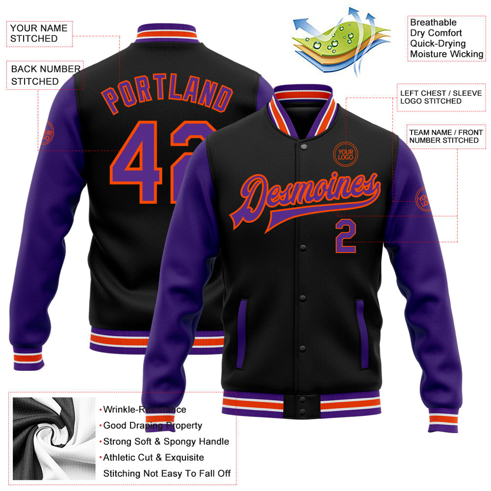 Custom Black Purple-Orange Bomber Full-Snap Varsity Letterman Two Tone Jacket view 5